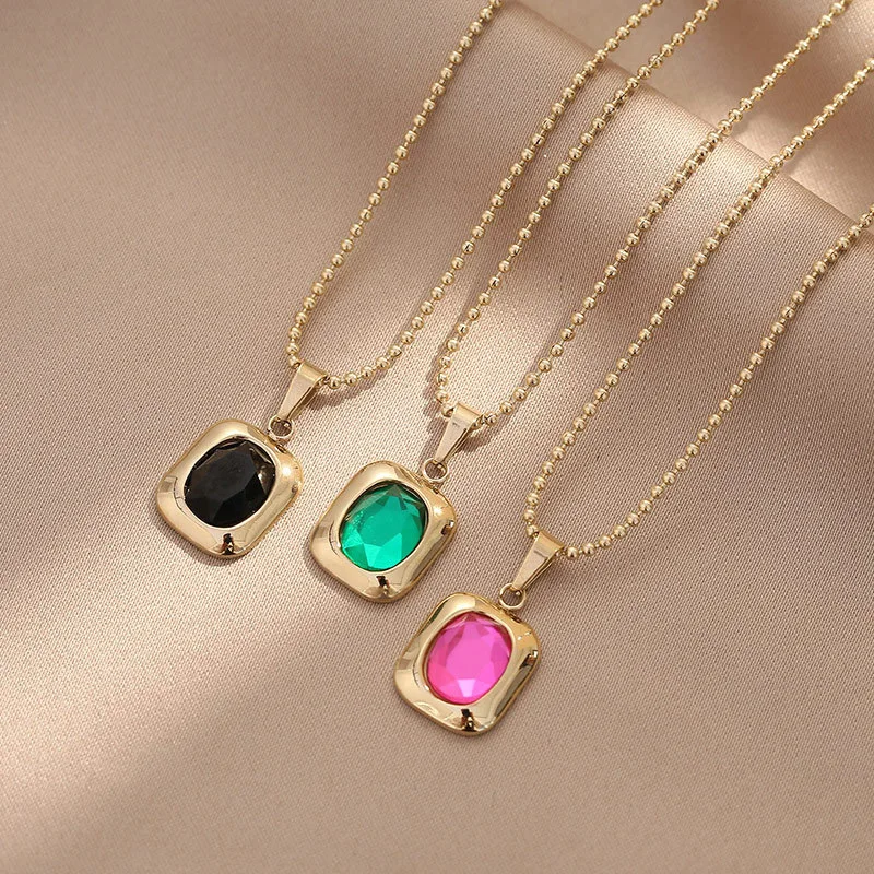 

KouCh Rectangle Gold Color Ocean Crystal Rhinestone Pendant Necklace Pink Green Fine Jewelry On Neck Elegant Office Lady Choker