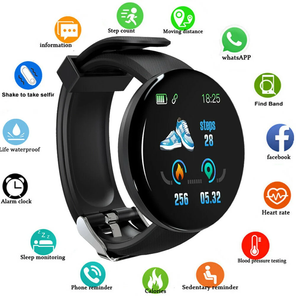 

Умные часы D18 с Bluetooth, мужские круглые умные часы с тонометром, женские спортивные наручные часы с трекером, часы для Android и Ios, бесплатная дост...