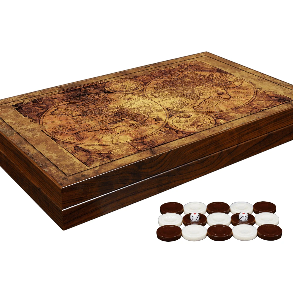 Luxury Backgammon Board Game Set - Ancient Map Wooden Big Size With Chips Dices Checkers Stones Pieces For Gift