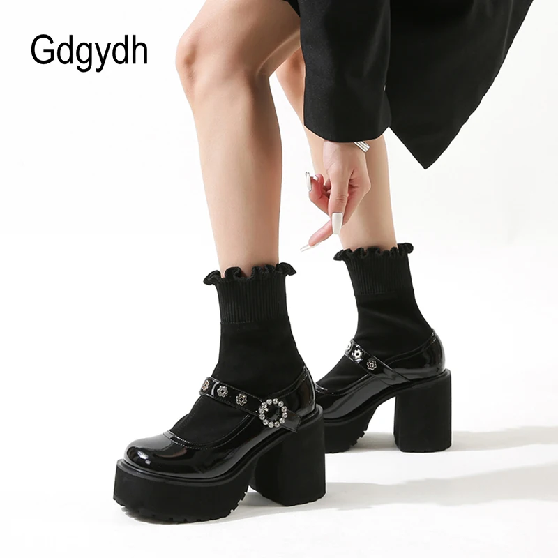 

Gdgydh Women Mid Calf Boots Platform Chunky Heels Elastic Lug Sole Non-Slip Round Toe Slip-on Sock Boots Buckle Strap Mary Janes