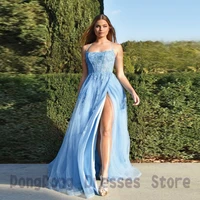 blue a line evening applique satin dresses tulle lace layered floor length open back paillette party gown for women custom