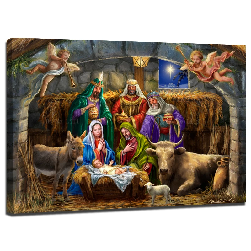 

Nativity In The Manger Wonderful Christmas Themed Tapestry Birth Of Christ Canvas Wall Art By Ho Me Lili For Home Decor