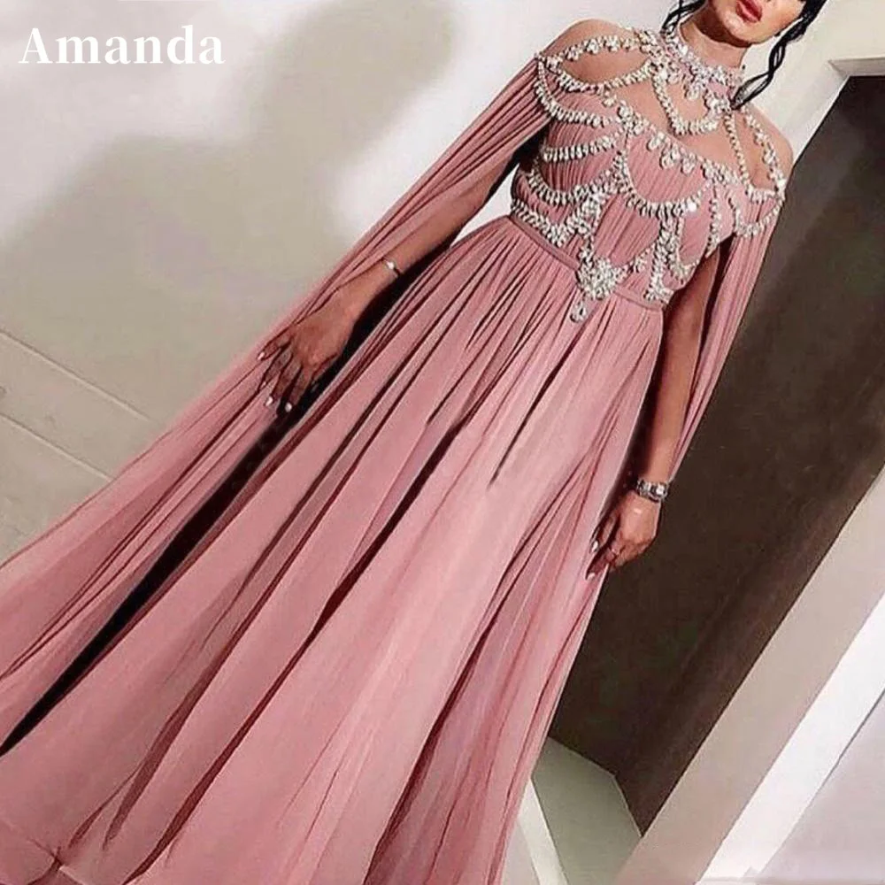 

Amanda High Neck Chiffon فستان سهرة Cape Prom Dress Pink Silk Chiffon Floor Length Party Dress Diamond Neck A-line Evening Dress