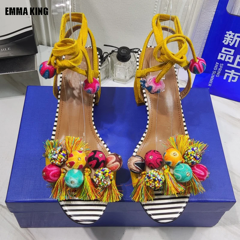 

Bohemia Flowers Ankle Strap Sandals Summer Women's Wedding Party Shoes Woman Suede Chunky Heel Sandal Embroidered Tassel Shoes
