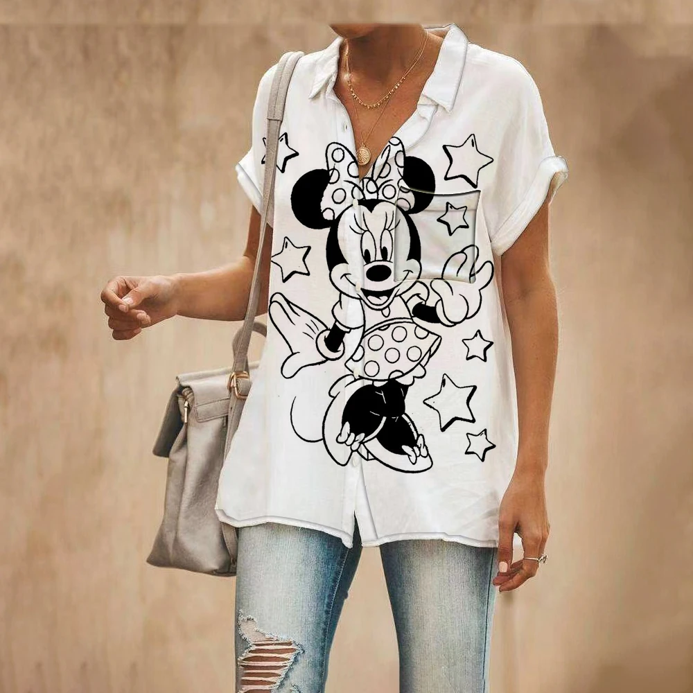 

Свободная рубашка, женская рубашка с коротким рукавом Disney, темпераментный Топ, новинка 2022, офисный топ с лацканами, Модный женский летний то...