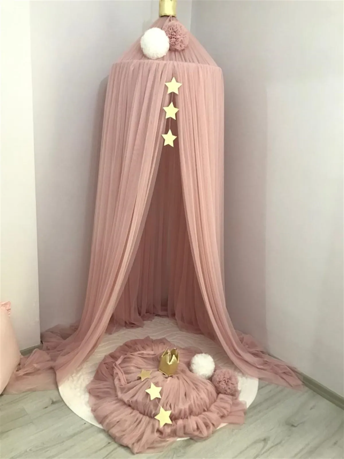 Jaju Baby Kids/Baby Powder Pink Color Star and Pompon Tulle Mosquito Net