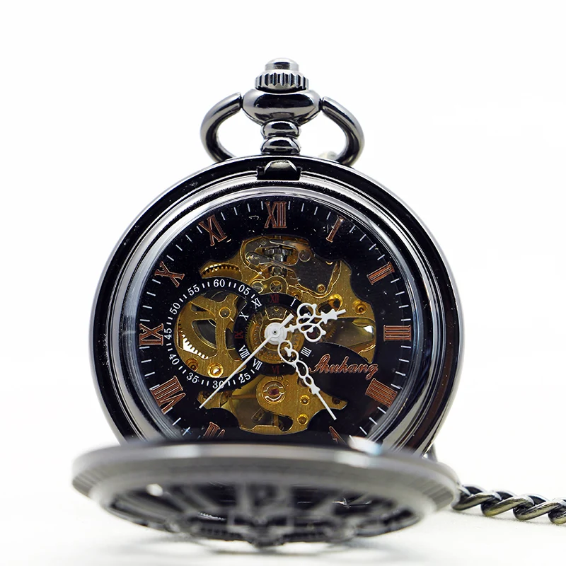 Antique Skeleton Flap Vintage Pocket Watch Mechanical Hand-winding Mens Skeleton Chain Watches Gift Clock relogio masculino