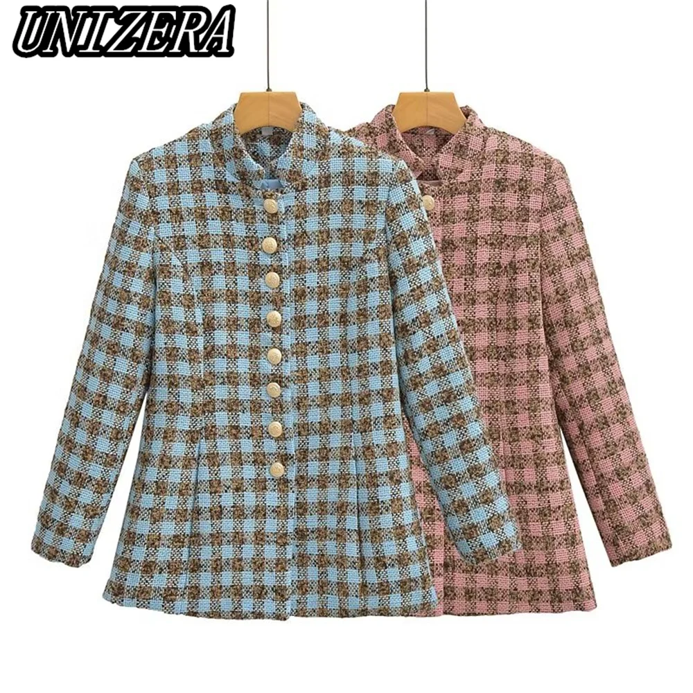 

UNIZERA Autumn/Winter New Women's Wear Small Fragrance Style Textured Plaid Stand Collar Long Sleeve Single Breasted Suit Jacket