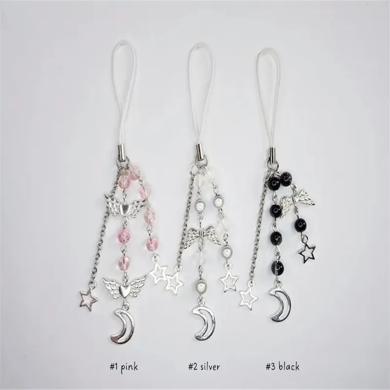

Star & Moon phone charm / phone strap / keyring - black, silver and pink beaded {Bearies} (pastel goth, fairycore, y2k, kawaii)