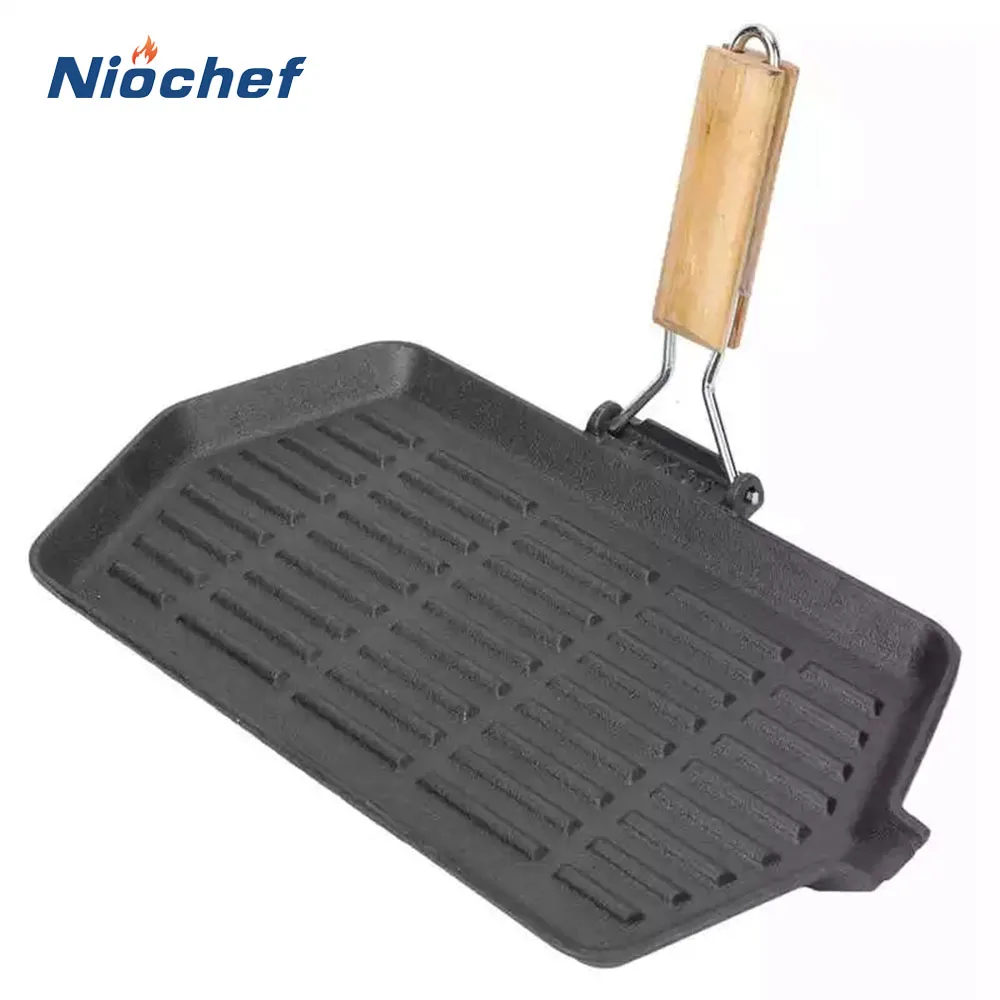 

Wooden Handle Household Square Cast Iron Steak Frying Pan Portable Non-Stick Uncoated Western Roast Beef Pot Folding Baking Tool