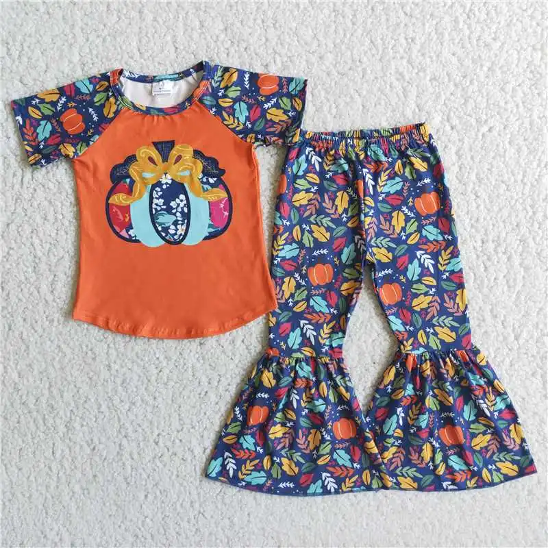 

Baby Girl Clothes Halloween Costumes For Children Orange T-Shirt Short Sleeve Top Pumpkin Print Bell Pants Set