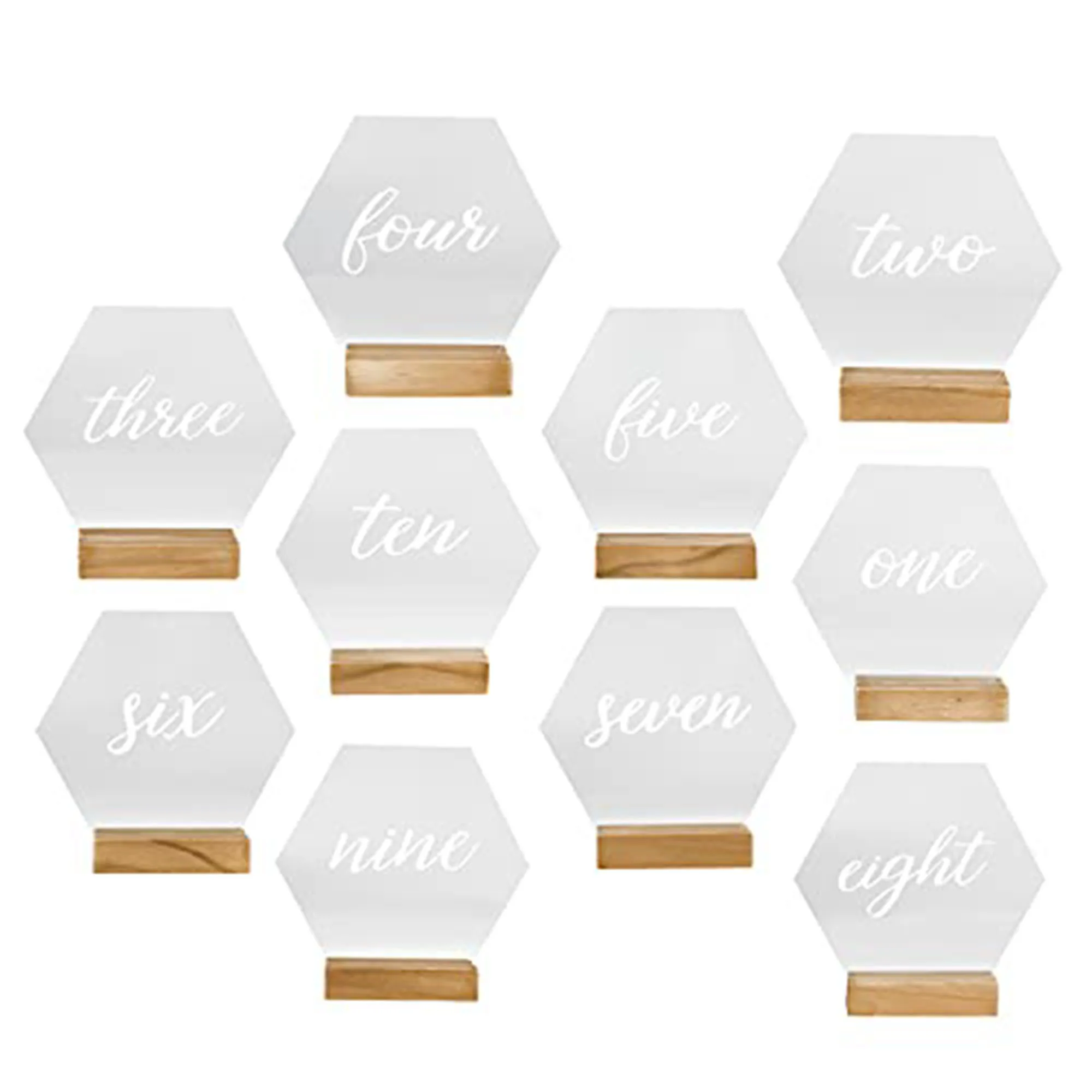 

New Acrylic Geometry Table Sign Holder Wooden Base Clear Wedding Table Sign Number Place Card Display Stand for Restaurant Hotel