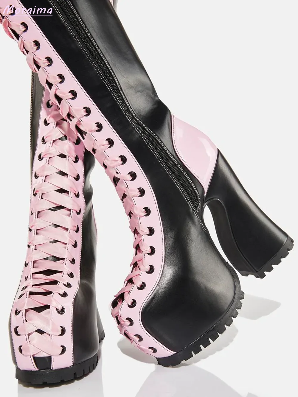 Platform Ribbon Lace-Up Knee-High Boots Chunky Heel Side Zipper Cross Strap Pink Black Mixed Color Sexy New Women Shoes Fashion