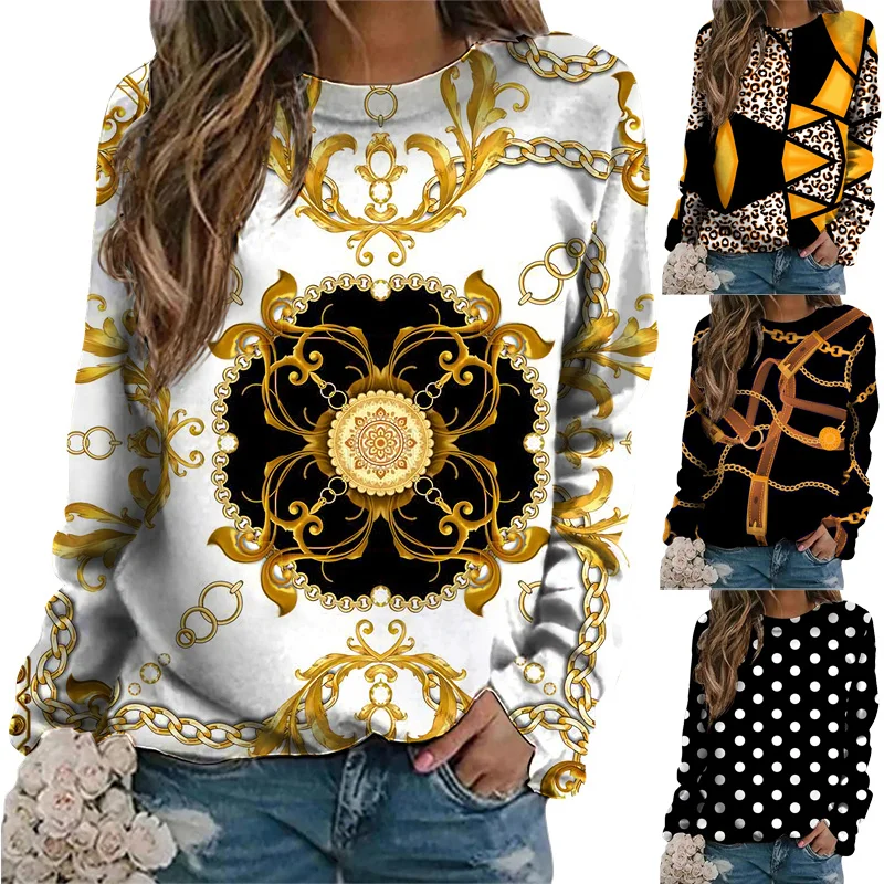 

New Fashion Golden Pattern Women Casual Long Sleeve T Shirt Vintage 3D Print O-Neck/V-Neck Pullover Tops Elegant Ladies Clothing