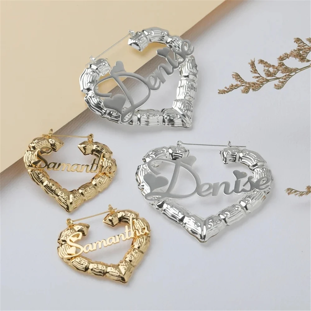 

Stainless Steel Bamboo Hoop Earrings Customize Name Earrings Bamboo Style Custom Hoop Earring With Statement Words Number