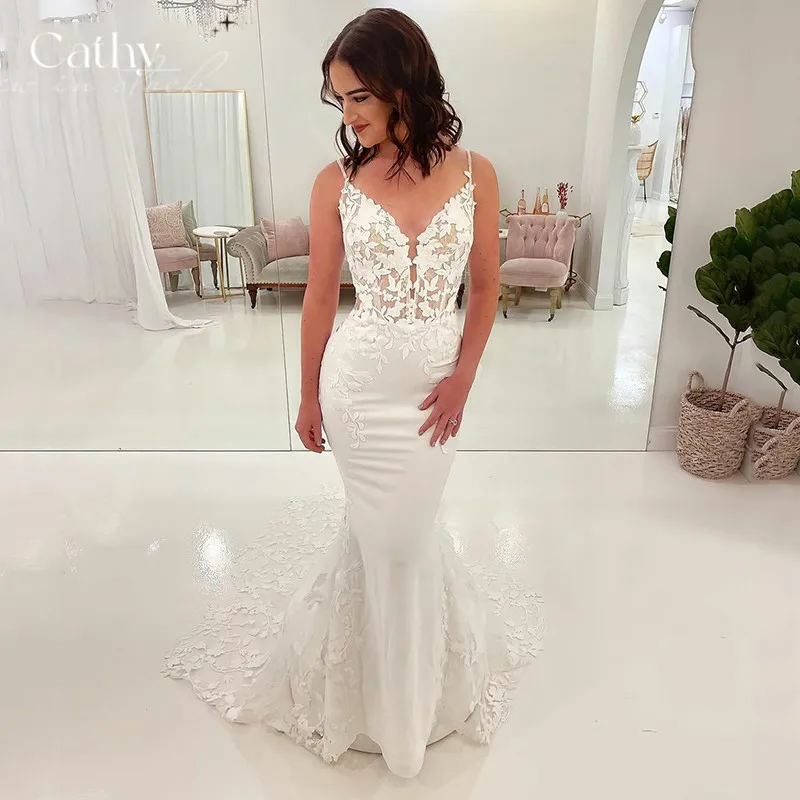 

Cathy Elegant Trumpet Wedding Dress 2023 Spaghetti Strap Mermaid Wedding Dress Lace Embroidery Wedding Gown For Bride 2022