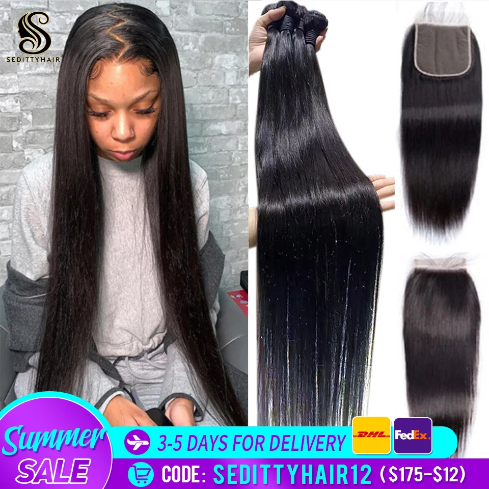 Sedittyhair 28 30 Inch peruvian  Straight Human Hair Weave Bundles With Closure 4x4 cheap Frontal With 3 4 Bundles Remy Hair