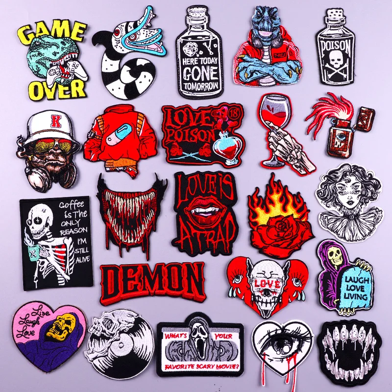

Red Horror Patch Iron On Embroidered Patches For Clothing Thermoadhesive Patches On Clothes Stickers Skull Applique Swing Decor