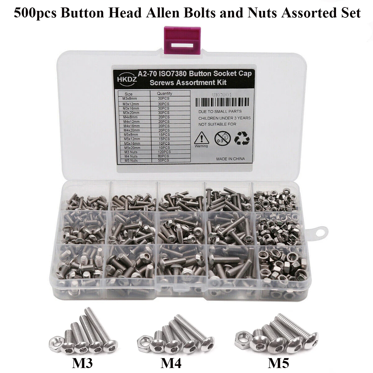 

500pcs Hex Button Socket Head Cap Screw Nut Hexagon Metric Thread Machine Bolt Assortment Kit Set 304 Stainless Steel M3 M4 M5