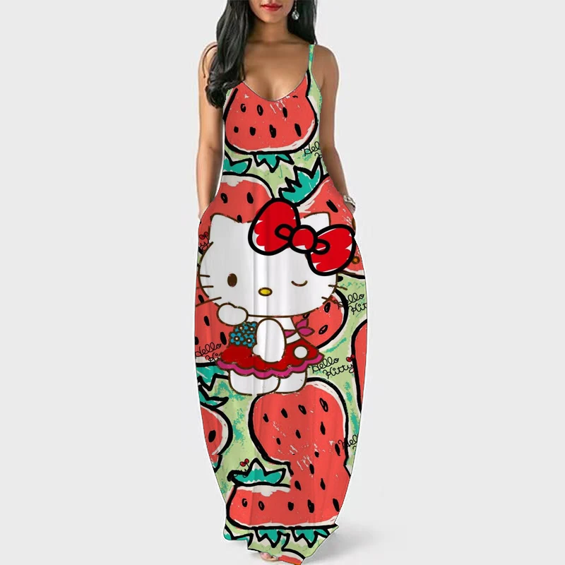 

New large size French Japanese Hello Kitty temperament sling V-neck floral dress summer mid-length split A-line tea break skirt