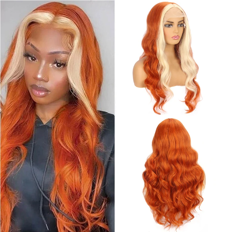 

Halloween Highlight Ginger Lace Front Wigs Synthetic Body Wave Synthetic Wig For Women Cosplay Party Heat Resistant Hair Idolla