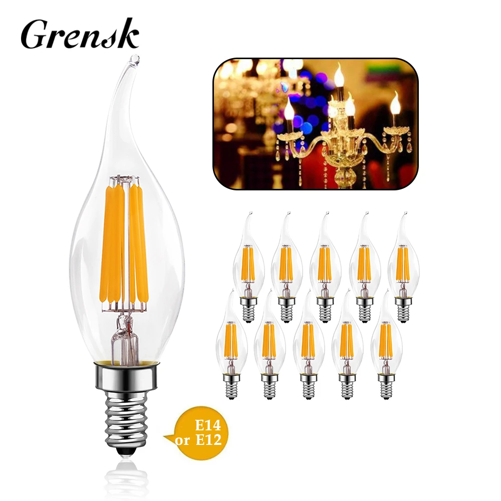 

Grensk 10PCS C35 Retro LED Filament Candle Bulbs E14 E12 220V 4W 6W Warm White Chandelier Salt Lamp Light Bulb Home Decoration