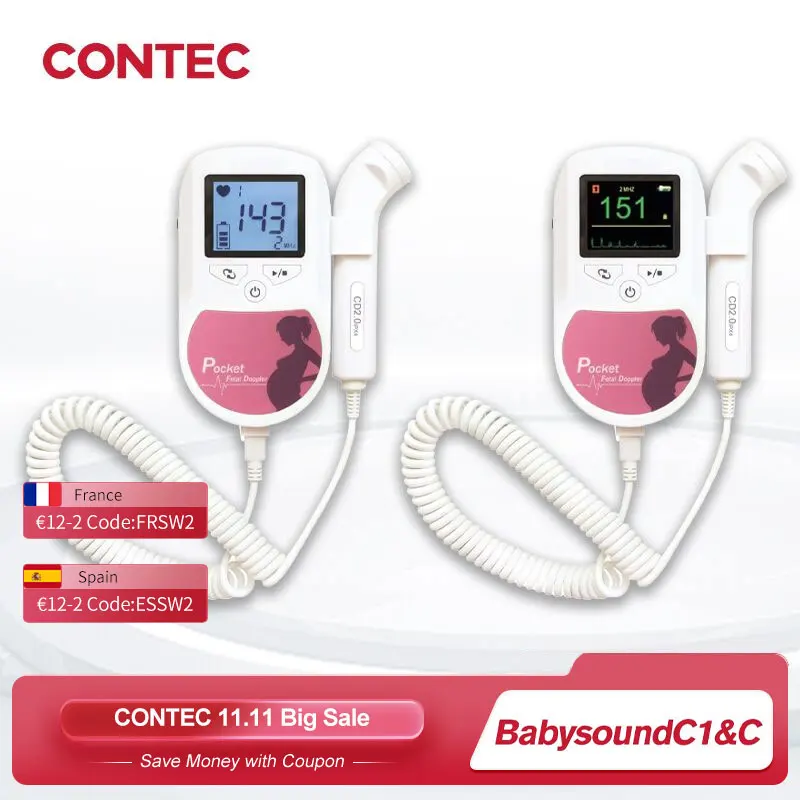 

CONTEC Fetal Doppler Heart Beat Monitor Backlight LCD Pink Colour with 2Mhz 3mhz 8Mhz Probe Baby Heart Beat Monitor Probe