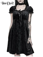 insdoit gothic lace black sexy summer dress for women streetwear velvet puff sleeve a line dress print punk elegant party dress