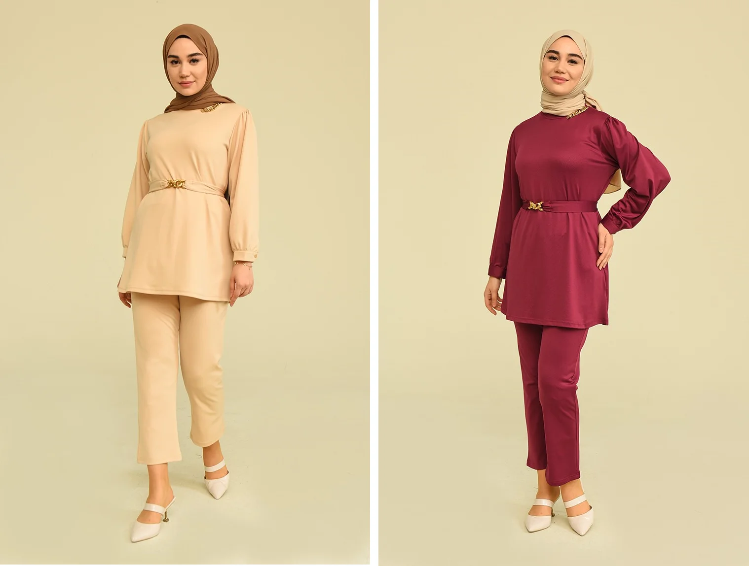 

4 seasons Muslim Women beli rubber pants long sleeve O-neck chain detail button unlined stylish tunic twinset fashion