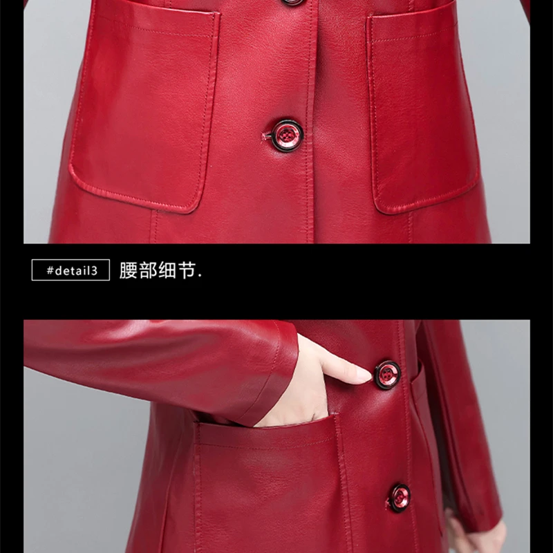 Women’s Faux PU Leather Jacket Vintage Lapel Button Up Blazer Middle Length Down Collar Pockets Crop Moto Biker Coat