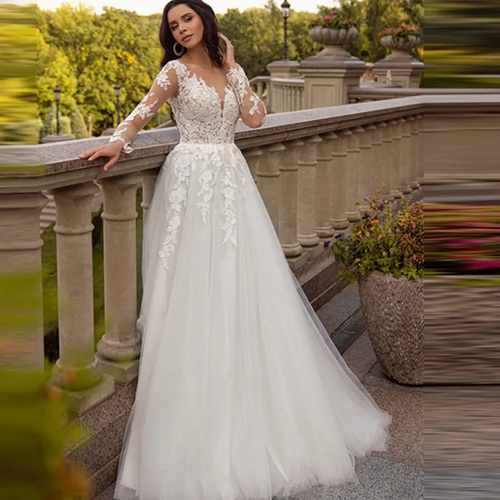 

Fashion Lace Wedding Dress Long Sleeves 2022 For Bride Sexy V-Neck A-Line Wedding Gown Lace Up Pleat Tulle Robe De Mariée