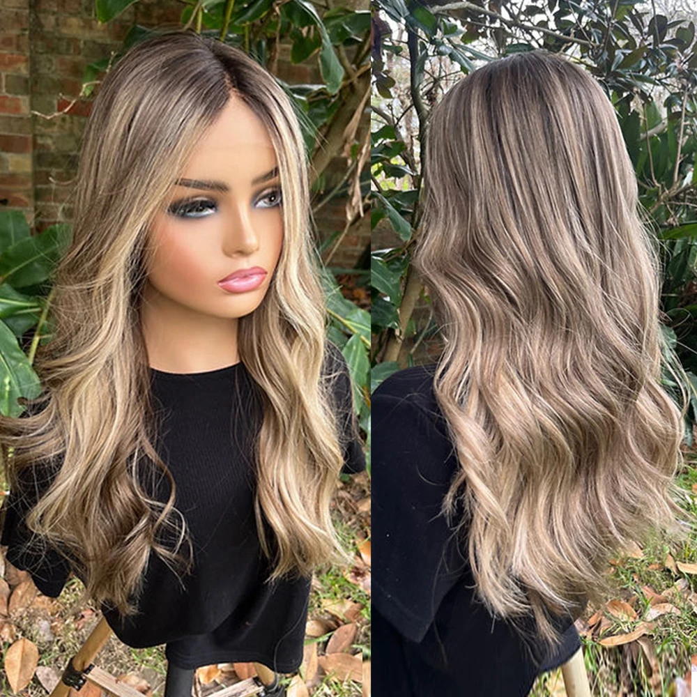 Caramel Blonde Highlights Dark Brown Rooted Full Lace Wig Virgin Human Hair Transparent Lace Wig HD 13x6 Lace Front Wig 200%