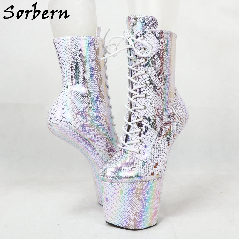 

Sorbern White Holo Snake Ankle Boots Stripper Heels Heelless Unisex No Heel Booties Exotic Pole Dancer Plus Size Women Shoes