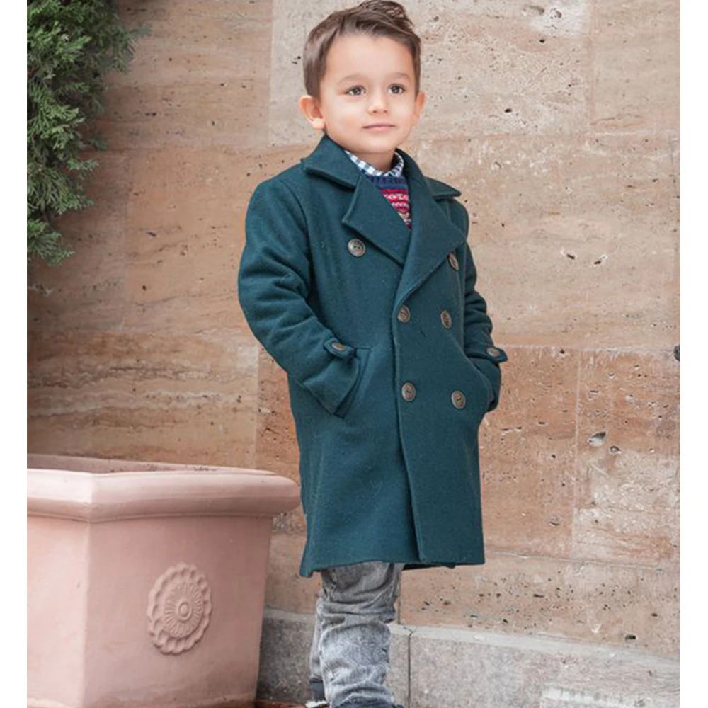 

Winter Boys Jacket Woolen Double Breasted Button Collar Fashion Warm Long Coat