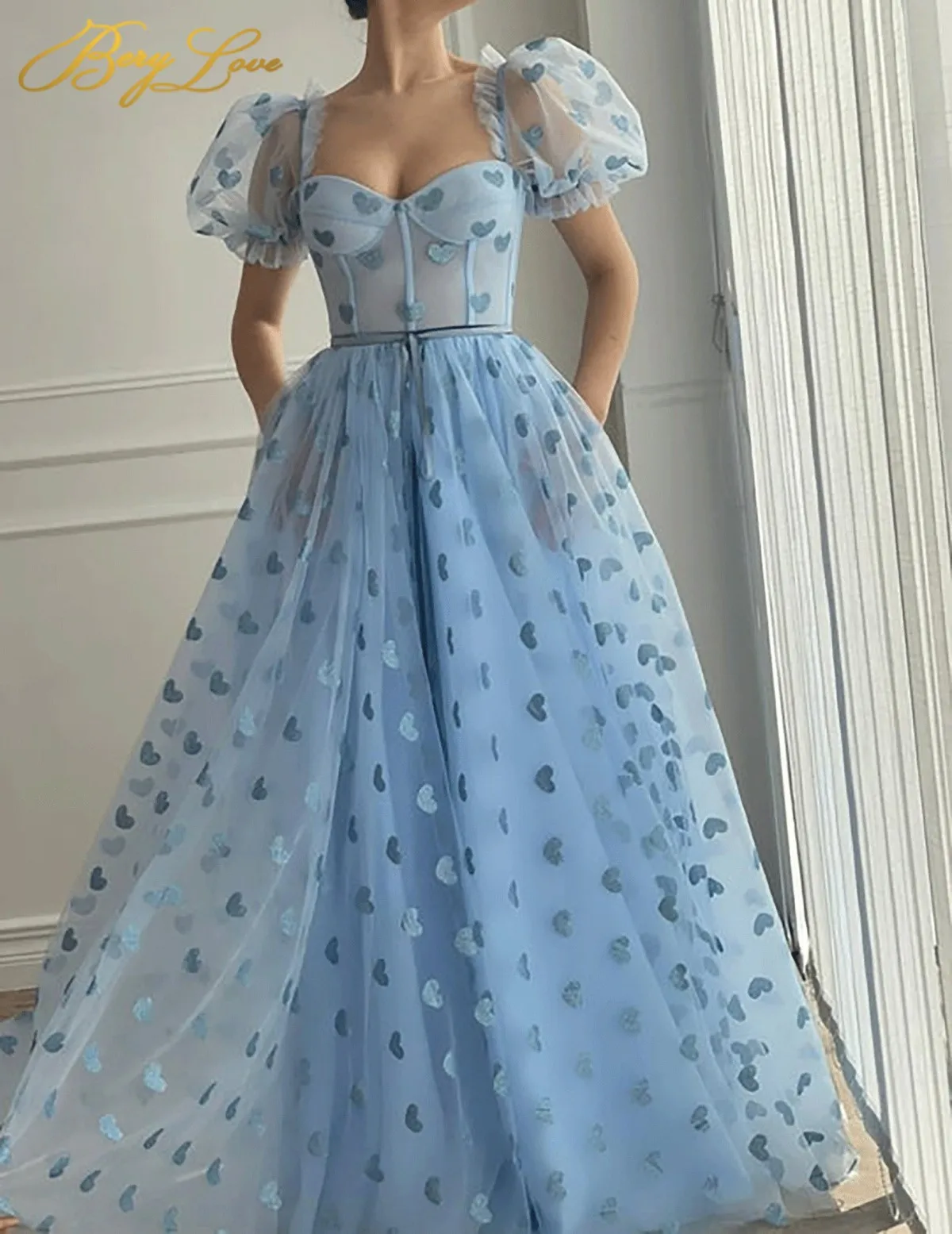 

Berylove New Prom Dresses 2023 Blue Hearty Floor Length Long Party Dress Sweetheart Short Sleeves A-Line Fairy Evening Dress