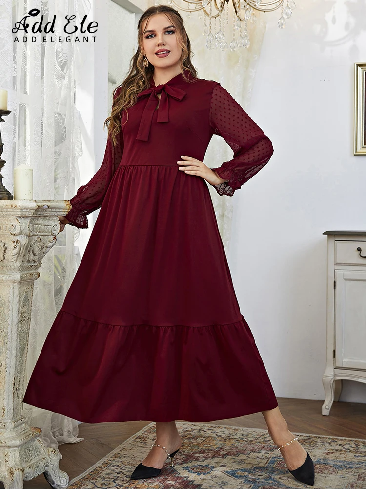 Add Elegant 2022 Autumn Plus Size Dresses for Women Petal Sleeve Bow Bit Neck Female Clothing Solid Loose Sweet Midi Dress B519