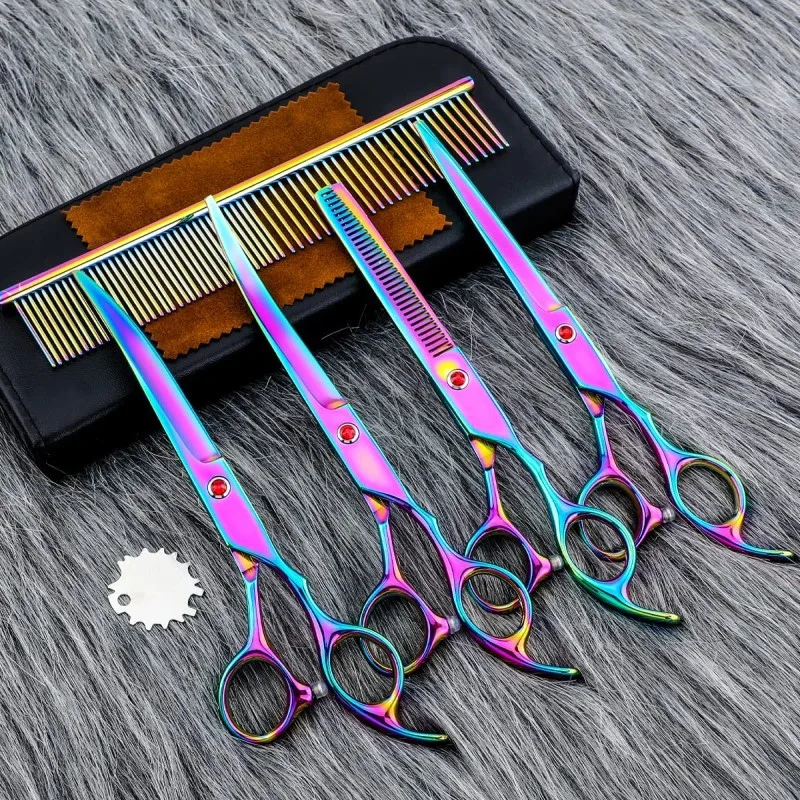 7 Inch Professional Colorful Pet Grooming Kit With Straight Cut Thinning Curved Scissors 4 PCS  Barber Accessories