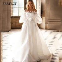 perfect bohemian scoop a line wedding dress for women 2022 elegant puff sleeves backless bridal gowns custom made sweep train