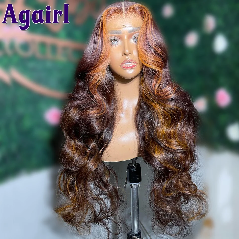 

5X5 Lace Closure Wig Body Wave Ombre Orange with Brown Highlight Wig Human Hair for Women Transparent Lace Frontal Wigs 28" 30"