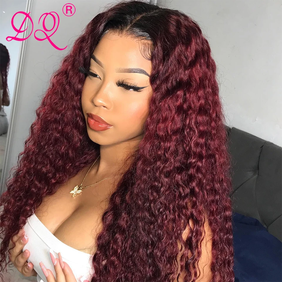 DQ Deep Water Wave Curly Synthetic Lace Front Wig Women Heat Resistant Fiber Cosplay Wig Ombre Brown Red Black Wig T Middle Part