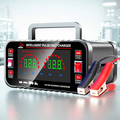 12V/24V Smart Pulse Repair AGM ГЕЛЕВОЕ влажное свинцово-кислотное зарядное устройство Smart Motorcycle Battery Charger ЖК-цифровой дисплей с большим экраном 10/5A