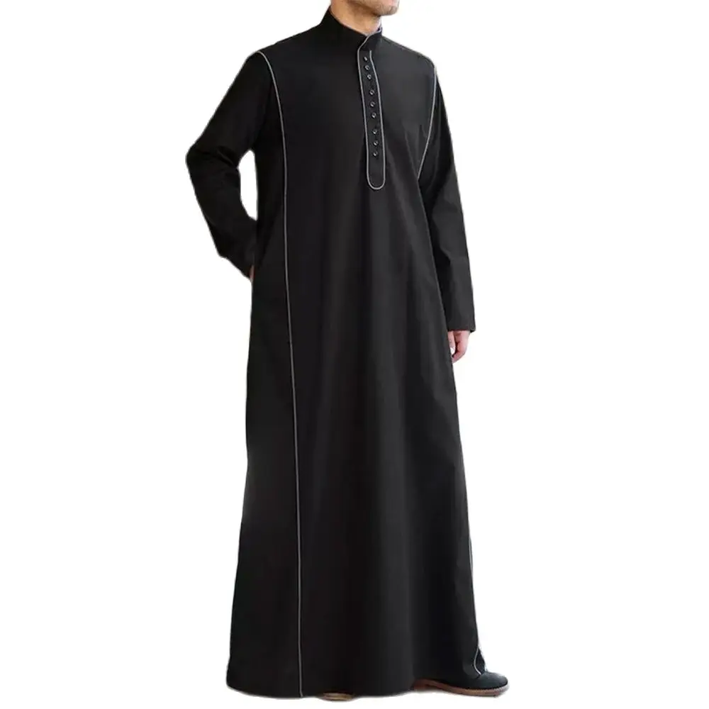 Islamic Style Muslim Men Clothing Middle East Saudi Arabia Jubba thobe Casual Stand Collar Black Button Design Muslim Robe Men