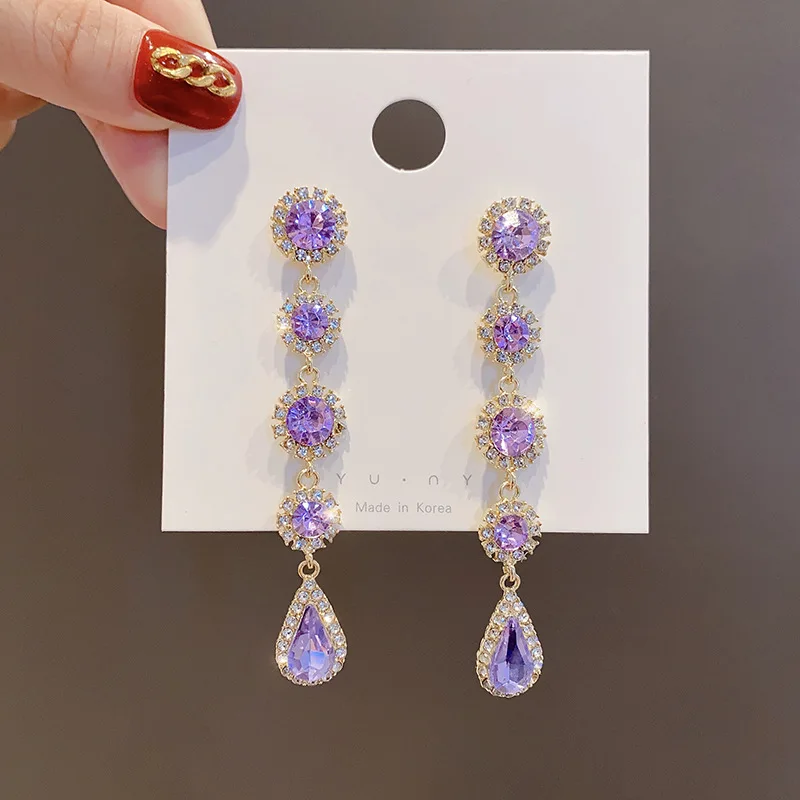 

80mm Long Purple Zircon Earrings Wedding Bridal Water Drop Dangling Real Gold Plated Fashion Gift Jewelry