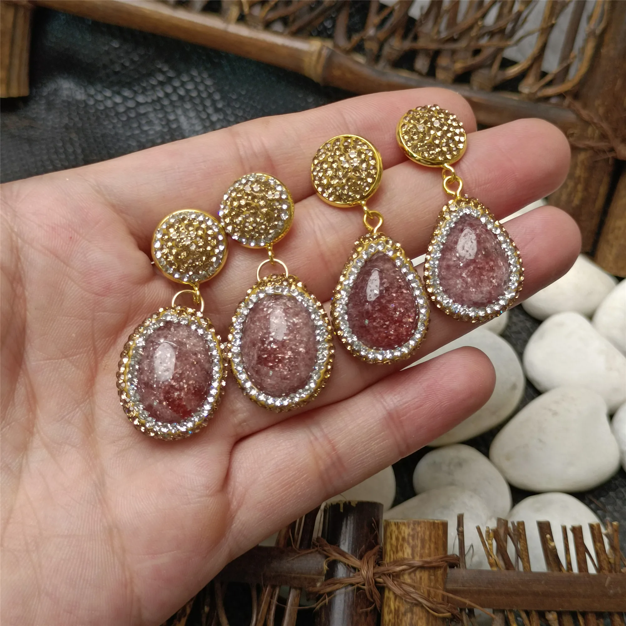 

Овальные серьги Стразы с натуральным клубничным кристаллом, женские простые серьги, ювелирные изделия
