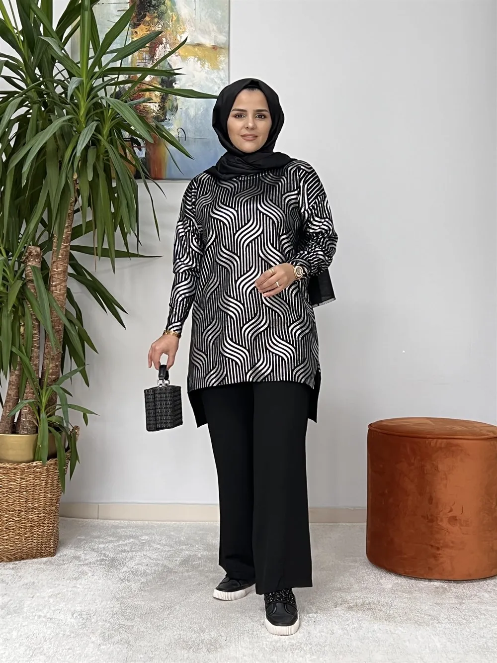 Women Knitwear suit Bright print detail slim Knitwear suit women's bottom and top hijab suit 2023 new season Muslim fashion