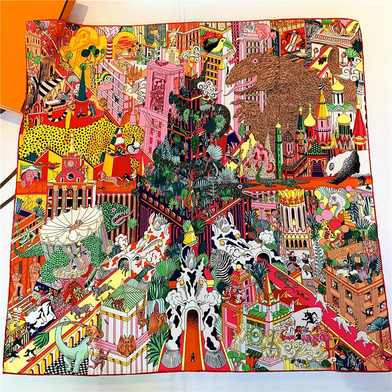 Ручной скрученный вручную шелковый шарф из саржи для женщин 2024 животных Kingdom