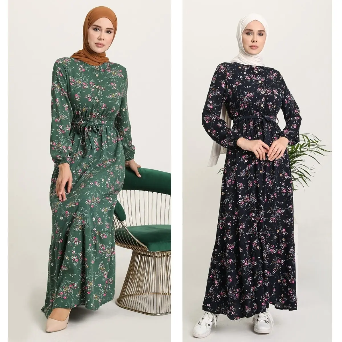 Floral Pattern Viscose Dress Unlined Long Sleeve Seasonal Buttoned Belted Women Muslim Fashion Hijab  Clothing  Islamic  Bonnet