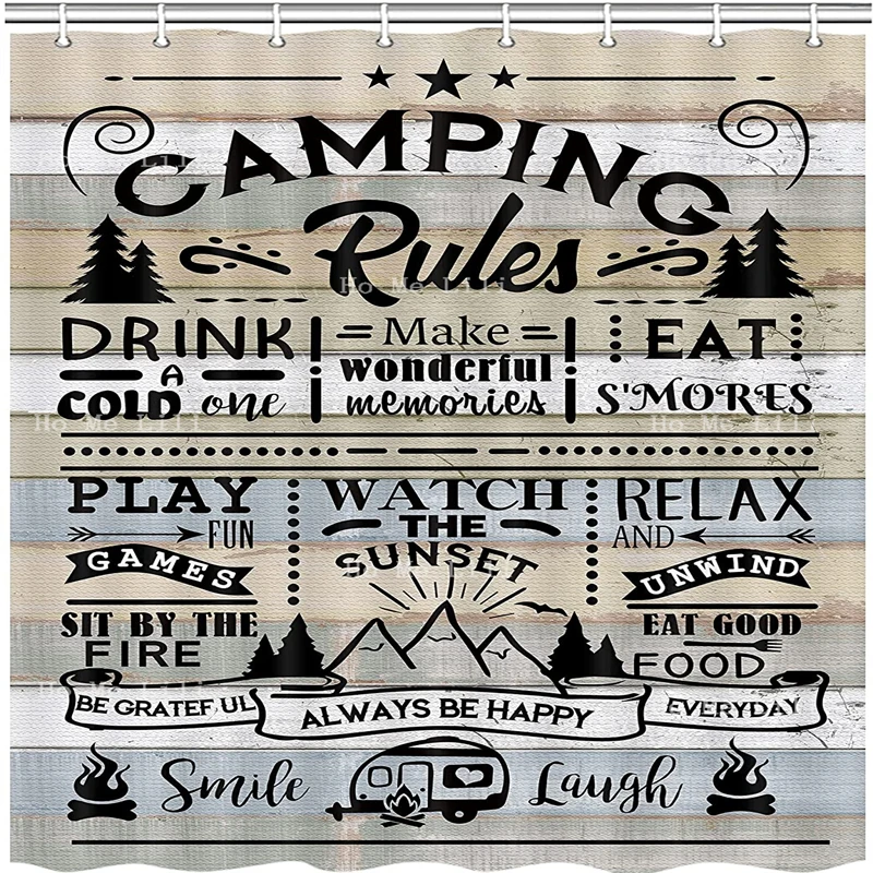 Reglas de Camping motivacionales inspiradoras, citas de felicidad, cabina de madera rústica, cortina de ducha, accesorios de baño