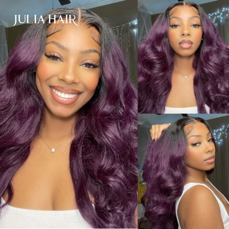 Julia Hair Smokey Deep Purple Ombre 13x4 Lace Front Body Wave Wig 180% Density Human Hair Wig A Rich Purple Hair Look Baby Hair