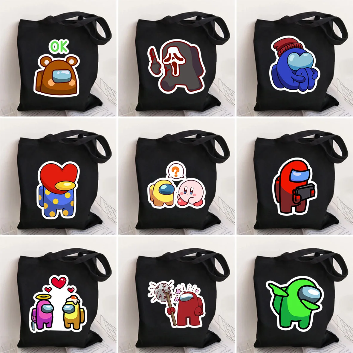 

Funny Among US Happy Cute Character Art Face Dancing Heart Tote Bags for Women Canvas Shoulder Bag Large Reusable Handbags